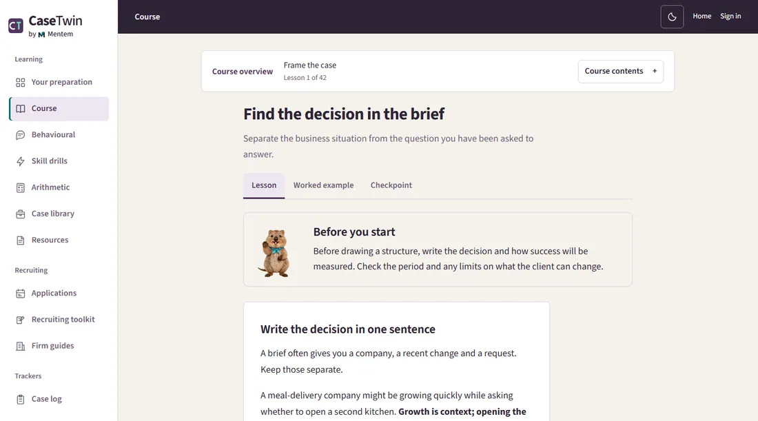 CaseTwin's introductory lesson, with Barry's guidance and consulting practice