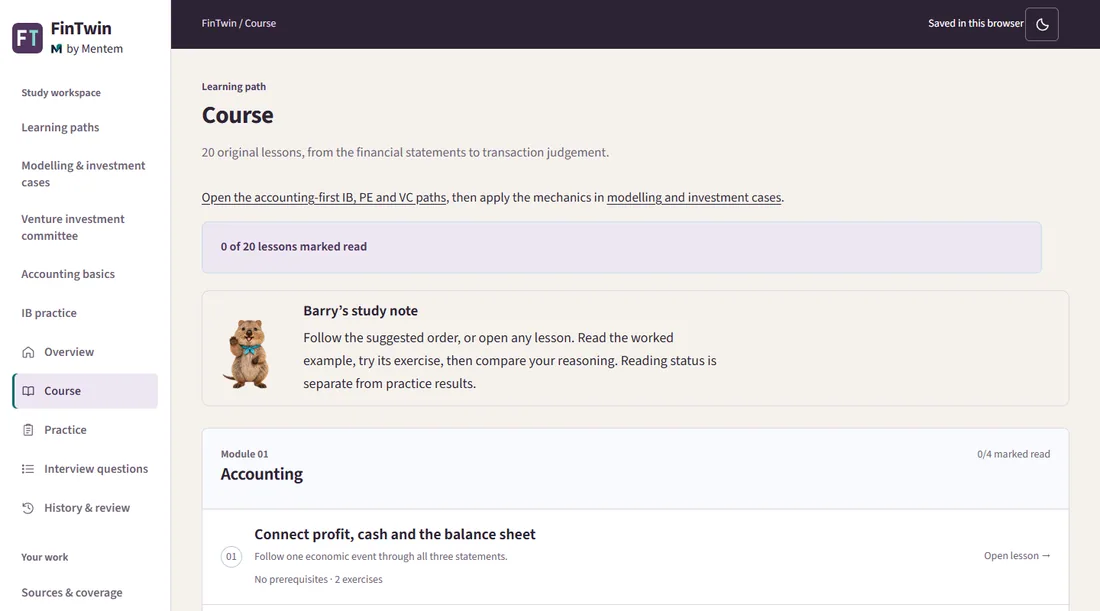 FinTwin's course homepage, with banking, private equity and venture capital preparation paths